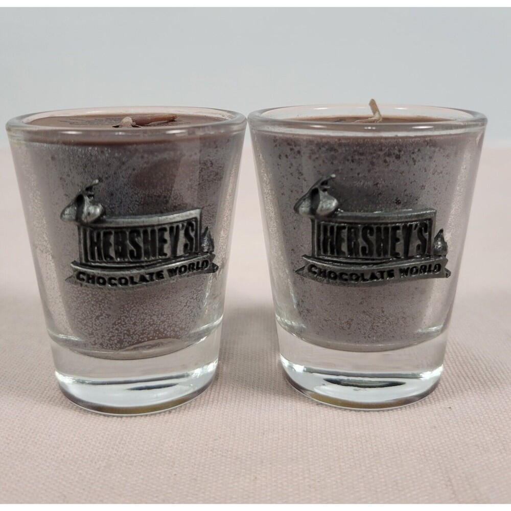 2 Hershey Chocolate World Shot Glass Chocolate Candle Hershey Park  NWOT SCENTED